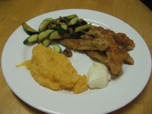 Crispy chicken, pumpkin mash and zucchini