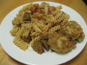 Meatball pasta and zucchini fritters